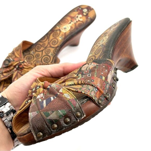 Jcon painted tan brown leather peep toe wooden wedge sole size 9.5 - Picture 3 of 12